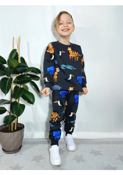 Çocuk Dinozor Baskılı Pamuklu Sweatshirt Eşofman Alt-Üst Takım