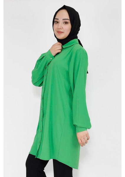 10268 Jessica Kumaş Taş Detaylı Büyük Beden Tunik Gömlek