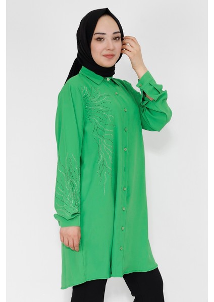 10268 Jessica Kumaş Taş Detaylı Büyük Beden Tunik Gömlek modelleri