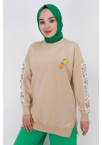 23009 Kolları Nakış Detaylı 2 Iplik Sweatshirt