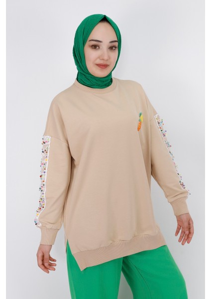 23009 Kolları Nakış Detaylı 2 Iplik Sweatshirt