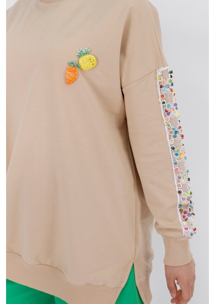23009 Kolları Nakış Detaylı 2 Iplik Sweatshirt