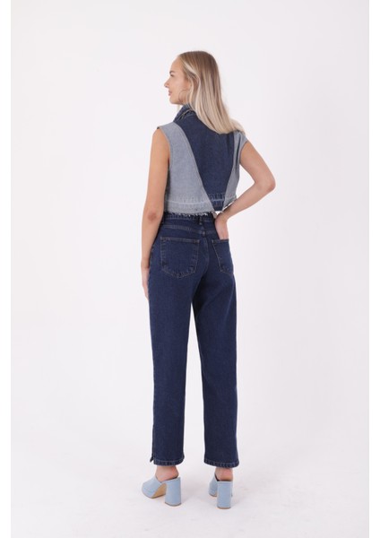 Paçaları Yırtmaç Detaylı Geniş Paçalı Rahat Jean Kadın Kot Pantolon Koyu Mavi Denim modelleri