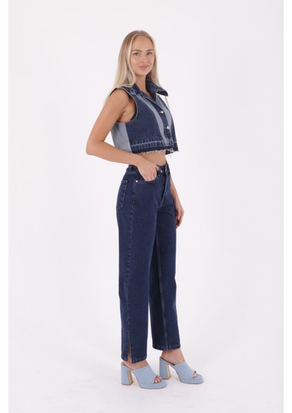 Paçaları Yırtmaç Detaylı Geniş Paçalı Rahat Jean Kadın Kot Pantolon Koyu Mavi Denim fırsatları