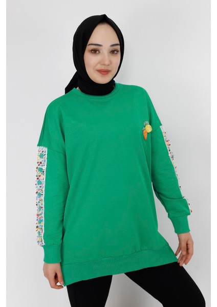 23009 Kolları Nakış Detaylı 2 Iplik Sweatshirt