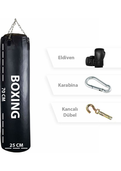 Spor Byfit 70 cm x 25 cm Siyah Boks Torbası + Boks Eldiveni + Tavan Kancası - 3' Lü Set - Dolu