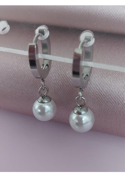 Çelik Sallantılı Top Inci Silver Küpe