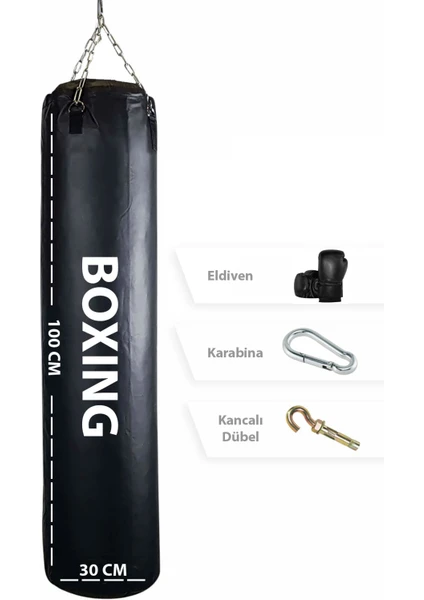 Spor Byfit 100 cm x 30 cm Siyah Boks Torbası + Boks Eldiveni +  Tavan Kancası - 3' Lü Set - Dolu