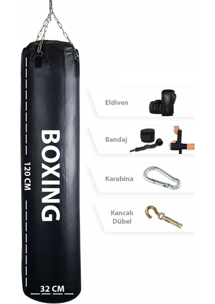 Spor Byfit 120 cm x 35 cm Siyah Boks Torbası + Boks Eldiveni + Boks Bandajı + Askı Aparatı - 4' Lü Set - Dolu