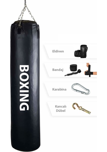 Spor Byfit 120 cm x 35 cm Siyah Boks Torbası + Boks Eldiveni + Boks Bandajı + Askı Aparatı - 4' Lü Set - Dolu