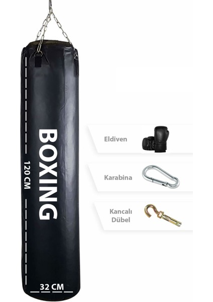 Spor Byfit 120 cm x 35 cm Siyah Boks Torbası + Boks Eldiveni +  Tavan Kancası - 3' Lü Set - Dolu