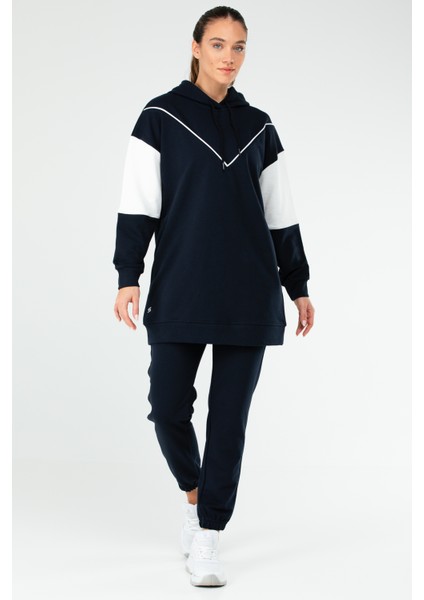 Lacivert Regular Fit Çift Renk Pamuklu Kapüşonlu Dar Paça Kadın Eşofman Tunik Takım - SA2630