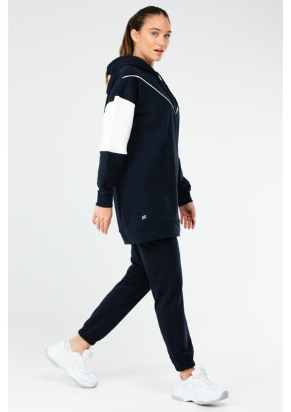 Lacivert Regular Fit Çift Renk Pamuklu Kapüşonlu Dar Paça Kadın Eşofman Tunik Takım - SA2630 fiyatları