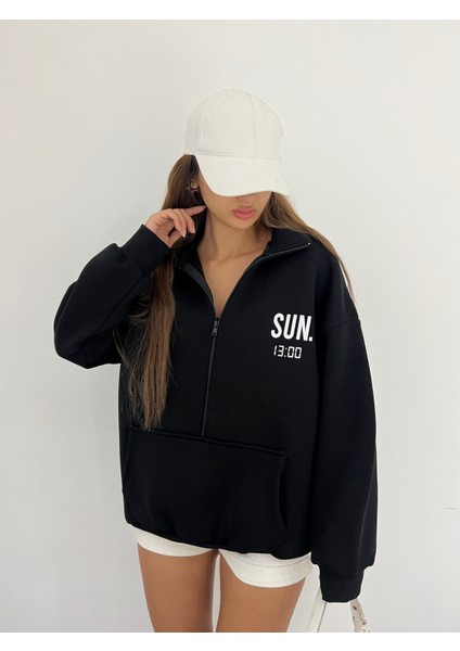 Siyah Unisex Dik Yaka Fermualı Oversize 3 Iplik Içi Şardonlu Sweatshirt