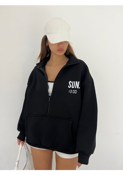 Siyah Unisex Dik Yaka Fermualı Oversize 3 Iplik Içi Şardonlu Sweatshirt fiyatları