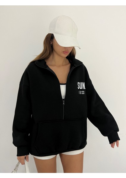 Siyah Unisex Dik Yaka Fermualı Oversize 3 Iplik Içi Şardonlu Sweatshirt modelleri