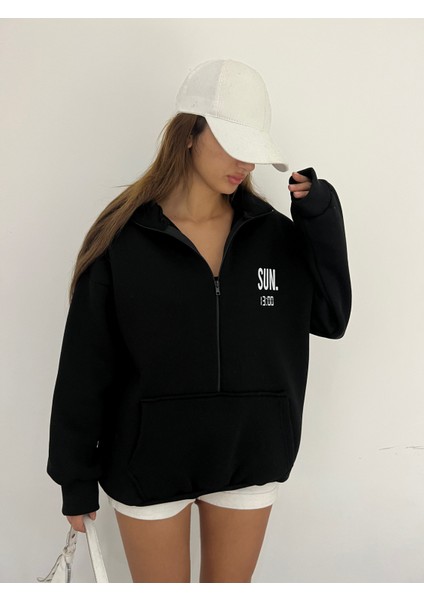 Siyah Unisex Dik Yaka Fermualı Oversize 3 Iplik Içi Şardonlu Sweatshirt fırsatları