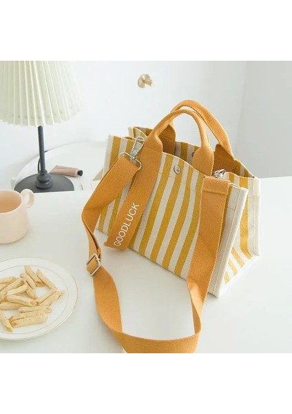 Sarı Stil Moda Çizgili Kadın Omuz Çantası Kore Tarzı Kanvas Sling Çanta Küçük Kare Crossbody Çanta Anne Basit Seyahat Çantaları (Yurt Dışından)