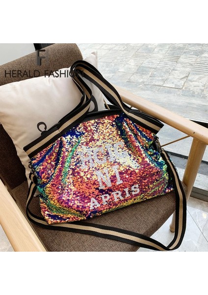 Leopar Tarzı 48X32X10CM Herlad Moda Büyük Kadın Çanta Li Deri Parlak Payetli Kadın Omuz Çantası Rahat Mektup Baskı Bayan Tote Çanta Kesesi (Yurt Dışından) fiyatları