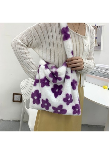 Haki D Stili 30X30X2CM Ins Women Flower Print Shoulder Bags New Winter Soft Plush Bucket Bags Female Open Pocket Crossbody Furry Fluffy Tote Bags (Yurt Dışından)