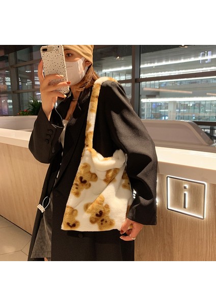 Haki D Stili 30X30X2CM Ins Women Flower Print Shoulder Bags New Winter Soft Plush Bucket Bags Female Open Pocket Crossbody Furry Fluffy Tote Bags (Yurt Dışından)