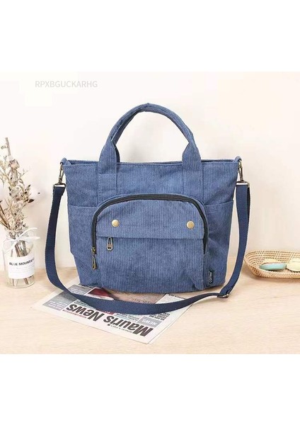 Dış Fermuar Lacivert Tarzı Kadife Omuz Çantası Kadın Vintage Alışveriş Çantaları Fermuar Kız Öğrenci Bookbag Çanta Dış Cep ile Rahat Tote 2022 (Yurt Dışından)