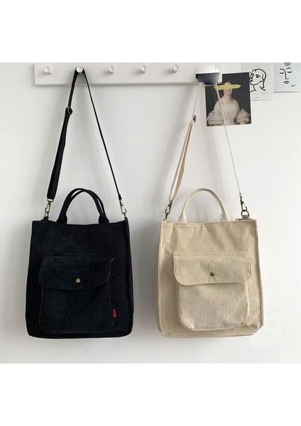 Dış Fermuar Lacivert Tarzı Kadife Omuz Çantası Kadın Vintage Alışveriş Çantaları Fermuar Kız Öğrenci Bookbag Çanta Dış Cep ile Rahat Tote 2022 (Yurt Dışından)