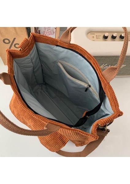 Dış Fermuar Lacivert Tarzı Kadife Omuz Çantası Kadın Vintage Alışveriş Çantaları Fermuar Kız Öğrenci Bookbag Çanta Dış Cep ile Rahat Tote 2022 (Yurt Dışından)
