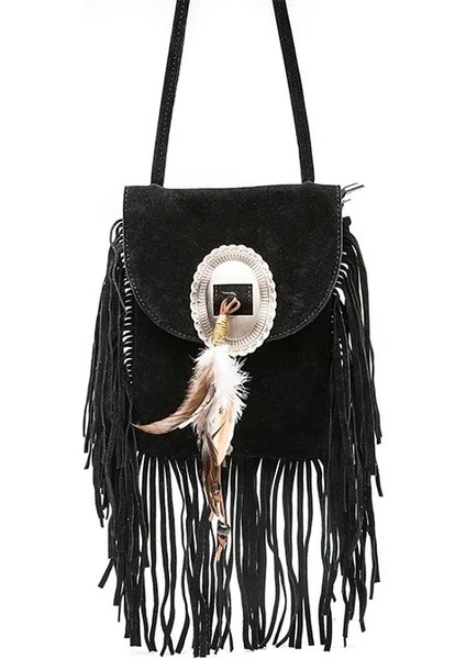 Siyah Stil 22X18X5CM Kadın Pu Deri Çanta Kadın Moda Omuz Çantaları Tasarımcı Crossbody Çanta Saçak Püskül Bayan Postacı Çantaları (Yurt Dışından)