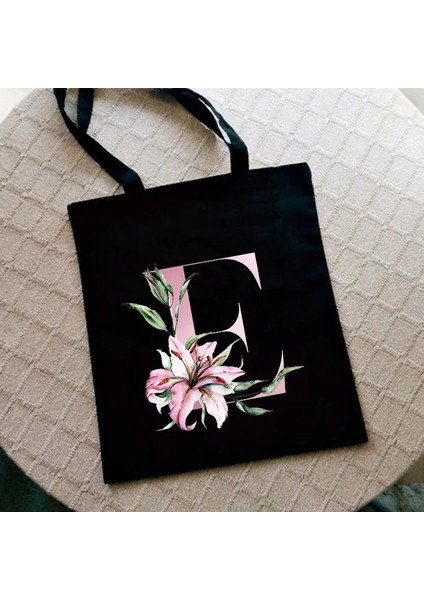 G2184-TBBK-M Stili Zambak Mektup Baskı Kadın Alışveriş Çantası Kadın Kanvas Kumaş Omuz Çantası Eko Depolama Rahat Çanta Yeniden Kullanılabilir Katlanabilir Moda Kılıf (Yurt Dışından)