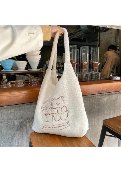 TS-YF836 Stili Hylhexyr Kadın Kanvas Tote Çanta Kuzu Gibi Kumaş Omuz Çantası Ayı Oyalamak Crossbody Çanta Rahat Alışveriş Çantası Kız Için Sevimli (Yurt Dışından)