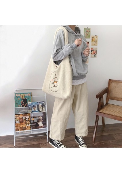TS-YF836 Stili Hylhexyr Kadın Kanvas Tote Çanta Kuzu Gibi Kumaş Omuz Çantası Ayı Oyalamak Crossbody Çanta Rahat Alışveriş Çantası Kız Için Sevimli (Yurt Dışından) fiyatları