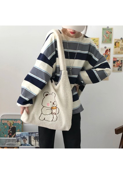 TS-YF836 Stili Hylhexyr Kadın Kanvas Tote Çanta Kuzu Gibi Kumaş Omuz Çantası Ayı Oyalamak Crossbody Çanta Rahat Alışveriş Çantası Kız Için Sevimli (Yurt Dışından) modelleri