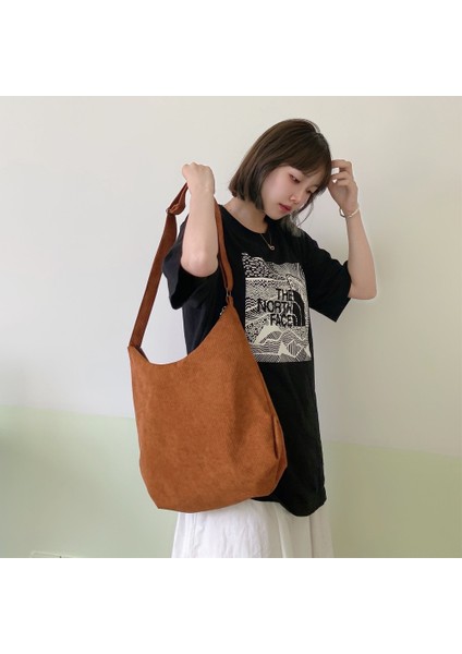 Kahverengi Logo Stili Yok Kadın Çizgili Kadife Çanta Basit Kanvas Fermuar Crossbody ve Omuz Çantası Eko Kumaş Çanta Katı Kitaplar Çanta Kolej Kızları Için (Yurt Dışından)