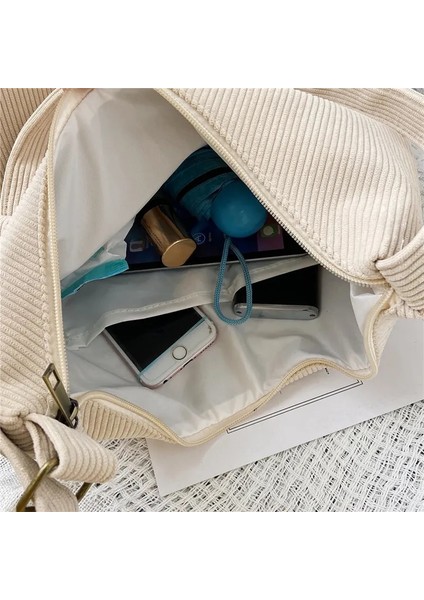 Kahverengi Logo Stili Yok Kadın Çizgili Kadife Çanta Basit Kanvas Fermuar Crossbody ve Omuz Çantası Eko Kumaş Çanta Katı Kitaplar Çanta Kolej Kızları Için (Yurt Dışından)
