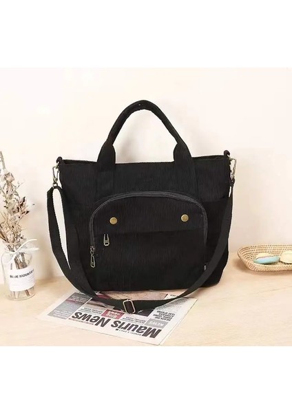 Dış Fermuar Siyah Stil Kadife Omuz Çantası Kadın Vintage Alışveriş Çantaları Fermuar Kız Öğrenci Bookbag Çanta Dış Cep ile Rahat Tote 2022 (Yurt Dışından)