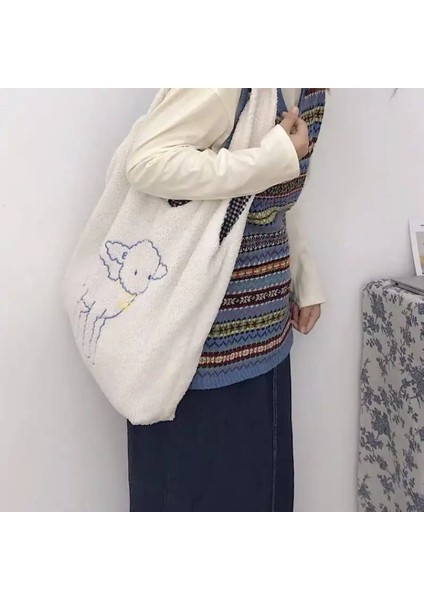 Ayı1 Tarzı Goplus Women's Bag Lamb Fabric Shoulder Bag Cartoon Handbag Tote Large Capacity Sheep Shopper Bags Cute Bag For Girls New Design (Yurt Dışından) indirimleri
