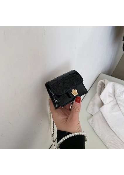 Siyah Stil 8X3X7CM Lüks Mini Rugan Çanta Kadınlar Asılı Boyun Kamelya Çantaları Eşkenar Dörtgen Kulaklıklipstickkeys Çanta Inciler Zincir Göğüs Bel Paketi (Yurt Dışından)
