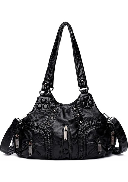 Siyah Stil Yıkanmış Pu Deri Kadın Omuz Çantası Moda Tasarımı Düğme Perçin Örgü Crossbody Çanta Eski Büyük Çanta Kadın Seyahat Kılıfları (Yurt Dışından)