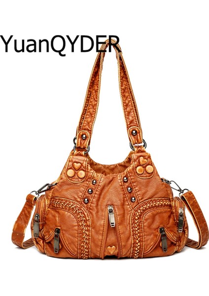 Siyah Stil Yıkanmış Pu Deri Kadın Omuz Çantası Moda Tasarımı Düğme Perçin Örgü Crossbody Çanta Eski Büyük Çanta Kadın Seyahat Kılıfları (Yurt Dışından) fiyatları