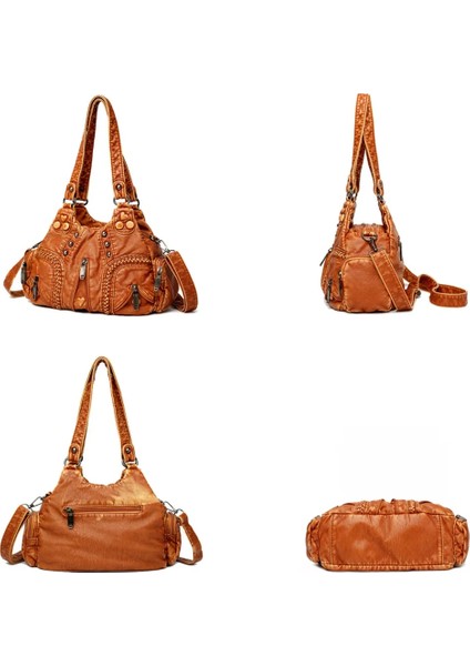 Siyah Stil Yıkanmış Pu Deri Kadın Omuz Çantası Moda Tasarımı Düğme Perçin Örgü Crossbody Çanta Eski Büyük Çanta Kadın Seyahat Kılıfları (Yurt Dışından) modelleri