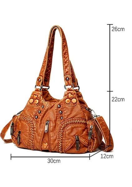 Siyah Stil Yıkanmış Pu Deri Kadın Omuz Çantası Moda Tasarımı Düğme Perçin Örgü Crossbody Çanta Eski Büyük Çanta Kadın Seyahat Kılıfları (Yurt Dışından) fırsatları