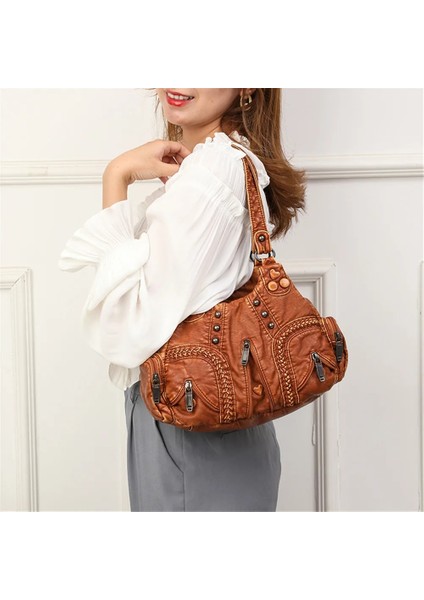 Siyah Stil Yıkanmış Pu Deri Kadın Omuz Çantası Moda Tasarımı Düğme Perçin Örgü Crossbody Çanta Eski Büyük Çanta Kadın Seyahat Kılıfları (Yurt Dışından) indirimleri