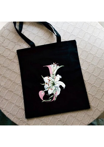 G2189-TBBK-M Stili Zambak Mektup Baskı Kadın Alışveriş Çantası Kadın Kanvas Kumaş Omuz Çantası Eko Depolama Rahat Çanta Yeniden Kullanılabilir Katlanabilir Moda Kılıf (Yurt Dışından)
