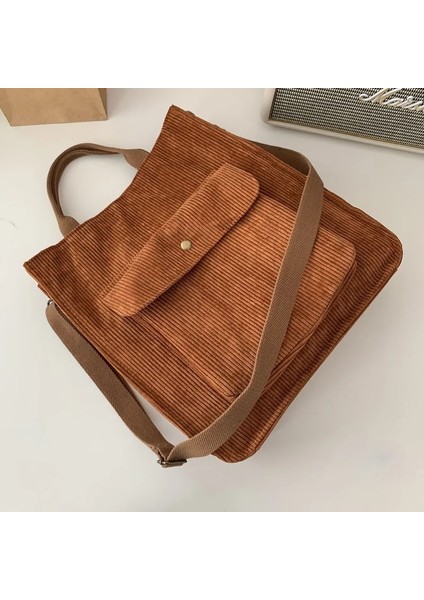 Kahverengi Kadife Stili Kadife Omuz Çantası Kadın Vintage Alışveriş Çantaları Fermuar Kız Öğrenci Bookbag Çanta Dış Cep ile Rahat Tote (Yurt Dışından)