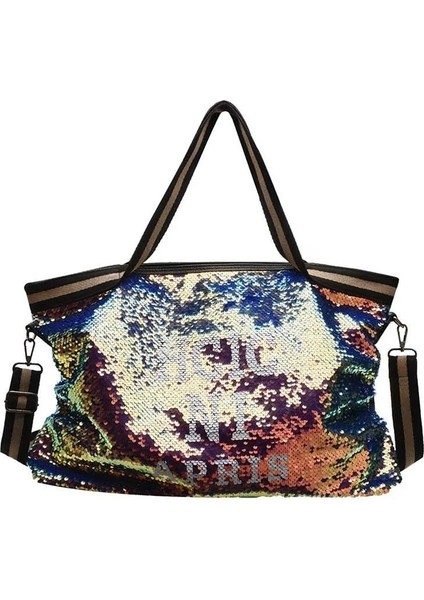 Renkli Stil 48X32X10CM Herlad Moda Büyük Kadın Çanta Li Deri Parlak Payetli Kadın Omuz Çantası Rahat Mektup Baskı Bayan Tote Çanta Kesesi (Yurt Dışından)