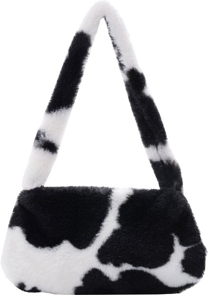 Siyah Beyaz Tarzı Fashion Women's Bag Trend Baguette Bag Plush Animal Print Shopper Purses Female Autumn Handbag Shoulder Underarm Bag (Yurt Dışından)