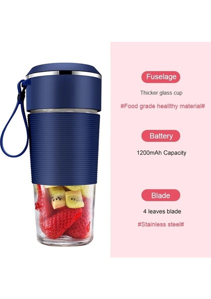 Mavi 4 Bıçak Stili Şarj Edilebilir Kablosuz Elektrikli Meyve Sıkacağı Şişe Taşınabilir Suyu Gıda Blender Fincan Mikser Limon Narenciye Portakal Smoothie Sıkacağı (Yurt Dışından)