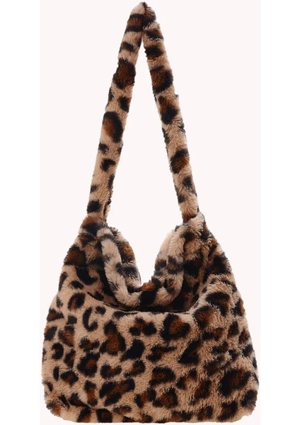 Leopard D Style 30X30X2CM Ins Women Flower Print Shoulder Bags New Winter Soft Plush Bucket Bags Female Open Pocket Crossbody Furry Fluffy Tote Bags (Yurt Dışından)