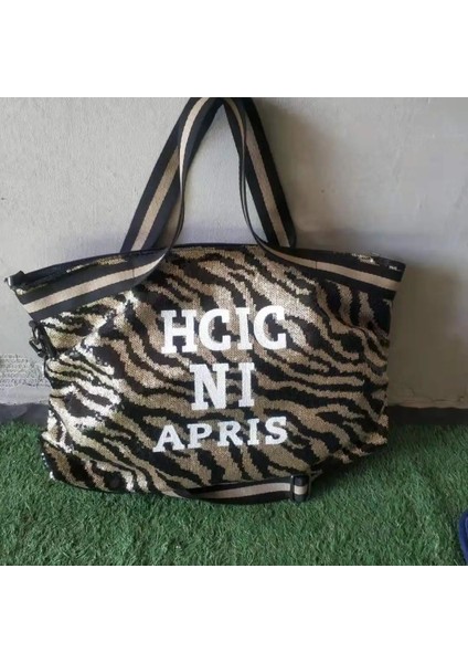 Kumral Tarzı 48X32X10CM Herlad Moda Büyük Kadın Çanta Li Deri Parlak Payetli Kadın Omuz Çantası Rahat Mektup Baskı Bayan Tote Çanta Kesesi (Yurt Dışından)